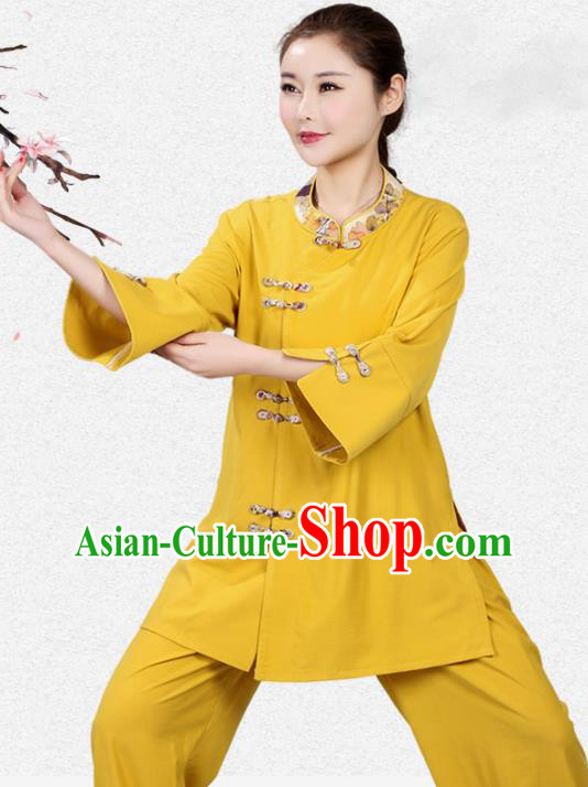 China Traditional Women Tai Chi Training Clothing Martial Arts Competition Yellow Flax Uniforms