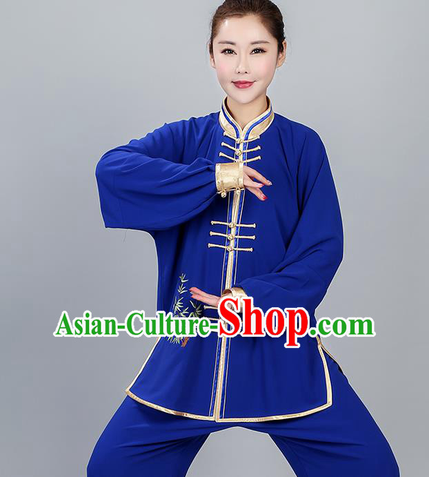 China Women Kung Fu Costumes Martial Arts Competition Clothing Traditional Embroidered Bamboo Royalblue Uniforms