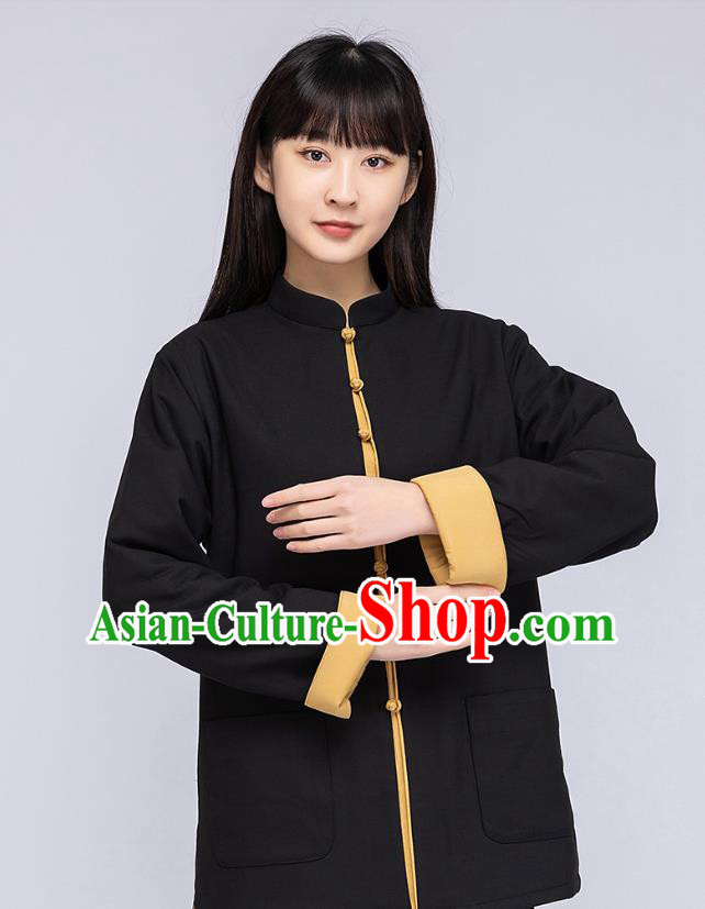 China Traditional Tai Chi Flax Winter Clothing Woman Tang Suit Black Cotton Padded Jacket