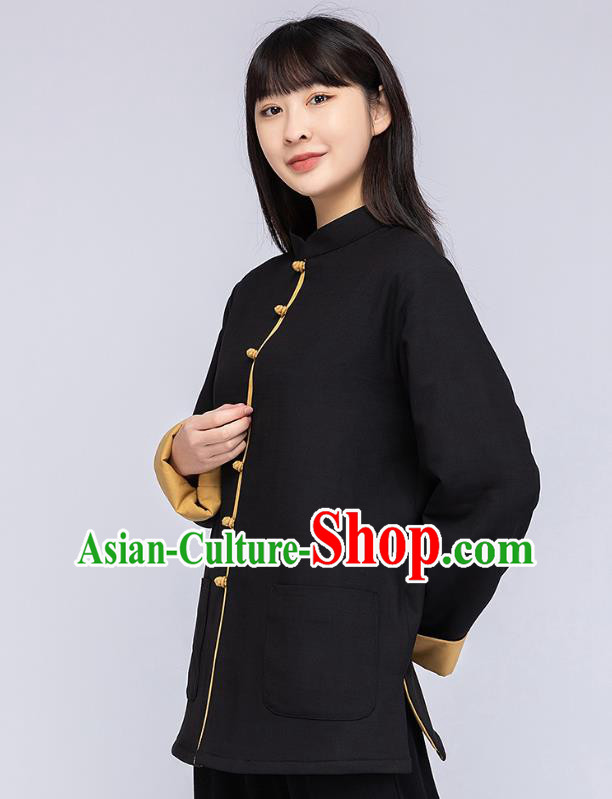 China Traditional Tai Chi Flax Winter Clothing Woman Tang Suit Black Cotton Padded Jacket