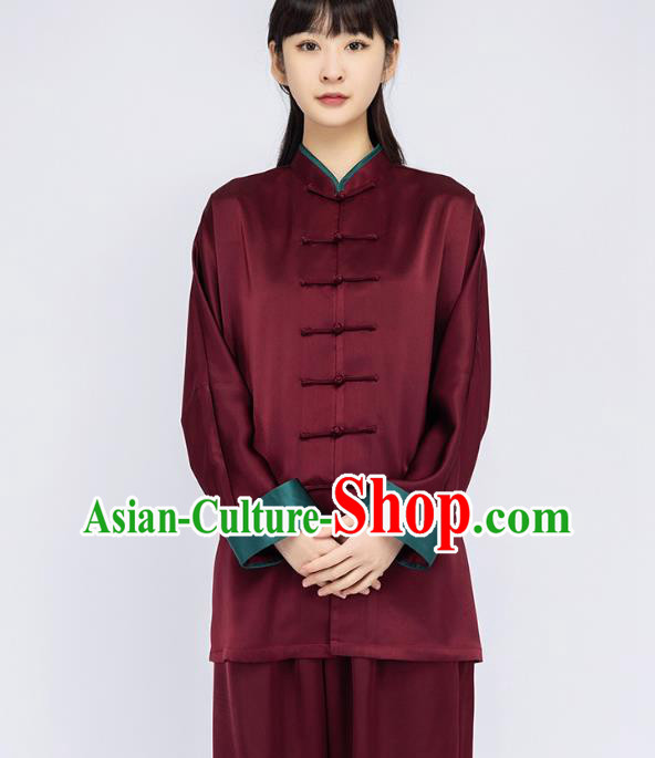 China Woman Martial Arts Dark Red Silk Uniforms Traditional Tai Chi Training Clothing