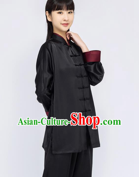 China Woman Kung Fu Black Silk Uniforms Traditional Martial Arts Competition Clothing