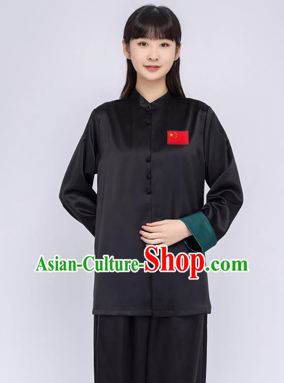 China Traditional Tang Suit Costumes Woman Martial Arts Competition Black Silk Uniforms