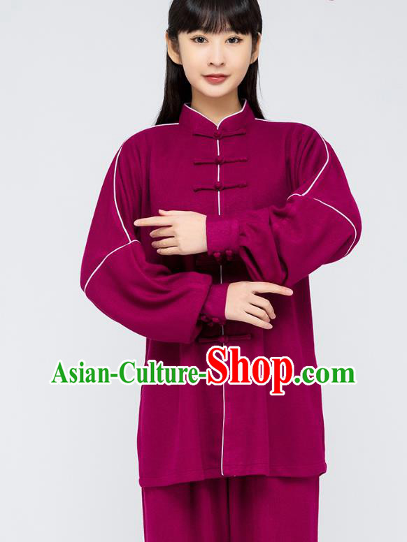 China Woman Tai Chi Purple Flax Uniforms Traditional Kung Fu Costumes Shirt and Pants