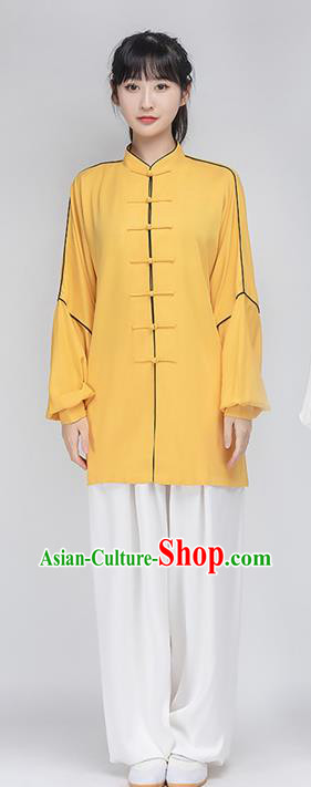 China Woman Tai Chi Training Uniforms Traditional Wushu Performance Costumes Yellow Shirt and White Pants