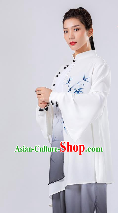 China Traditional Tai Chi Performance Costumes Woman Wushu Hand Painting Bamboo Uniforms