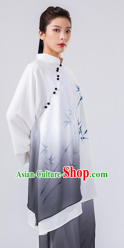 China Traditional Tai Chi Performance Costumes Woman Wushu Hand Painting Bamboo Uniforms