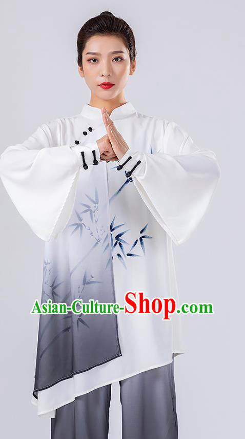 China Traditional Tai Chi Performance Costumes Woman Wushu Hand Painting Bamboo Uniforms