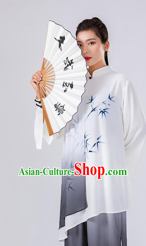 China Traditional Tai Chi Performance Costumes Woman Wushu Hand Painting Bamboo Uniforms