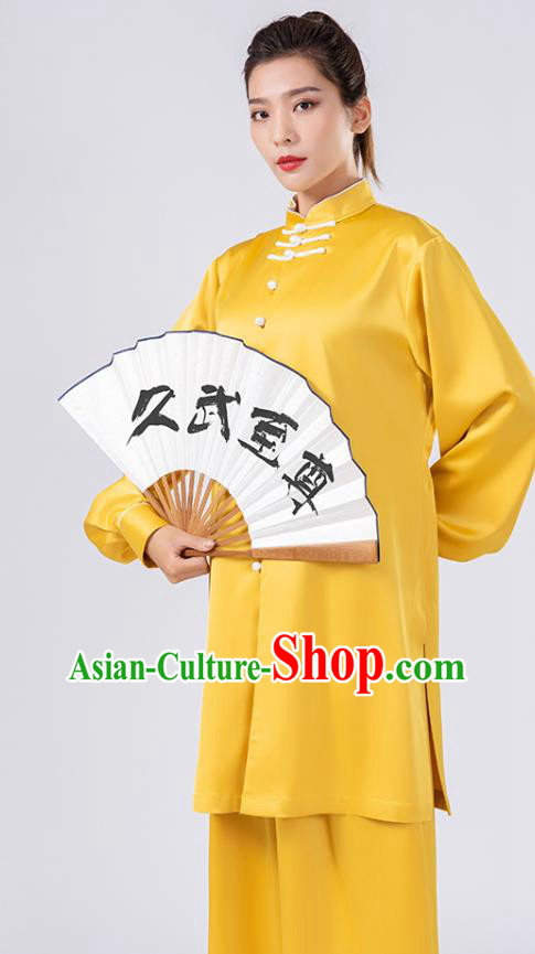 China Traditional Martial Arts Performance Costumes Woman Kong Fu Wushu Training Yellow Silk Uniforms