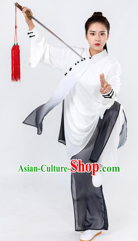 China Woman Kung Fu Wushu Grey Chiffon Uniforms Traditional Tai Chi Competition Clothing