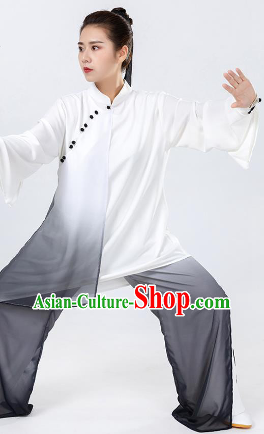 China Woman Kung Fu Wushu Grey Chiffon Uniforms Traditional Tai Chi Competition Clothing