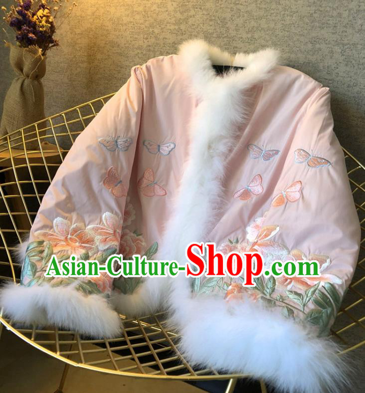 China Traditional Tang Suit Outer Garment Winter Woman Embroidered Pink Cotton Padded Jacket