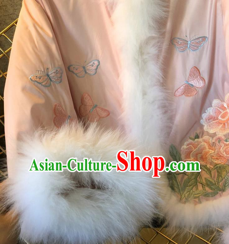China Traditional Tang Suit Outer Garment Winter Woman Embroidered Pink Cotton Padded Jacket