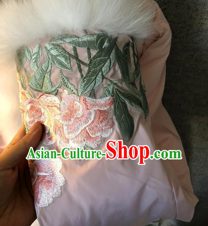 China Traditional Tang Suit Outer Garment Winter Woman Embroidered Pink Cotton Padded Jacket