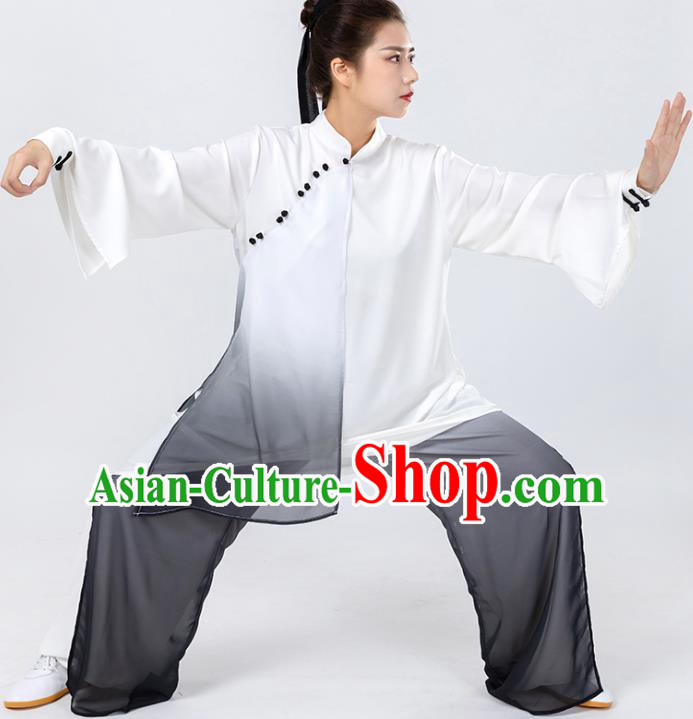 China Woman Kung Fu Wushu Grey Chiffon Uniforms Traditional Tai Chi Competition Clothing
