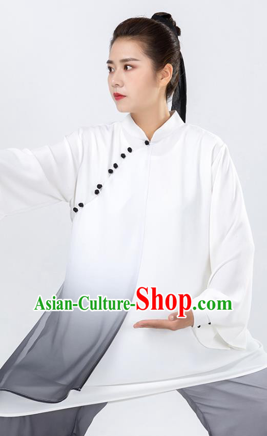 China Woman Kung Fu Wushu Grey Chiffon Uniforms Traditional Tai Chi Competition Clothing