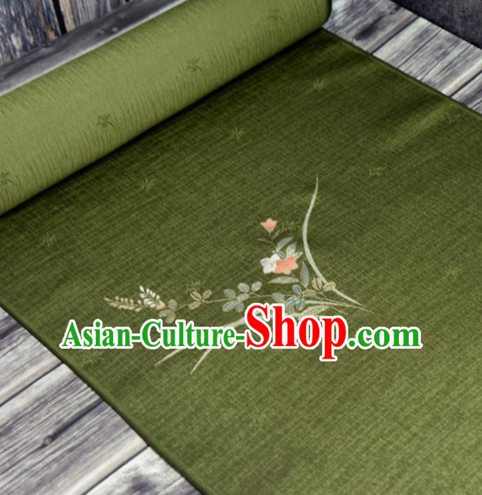 Asian Japan Chrysanthemum Orchids Pattern Brocade Tapestry Traditional Japanese Kimono Green Silk Fabric
