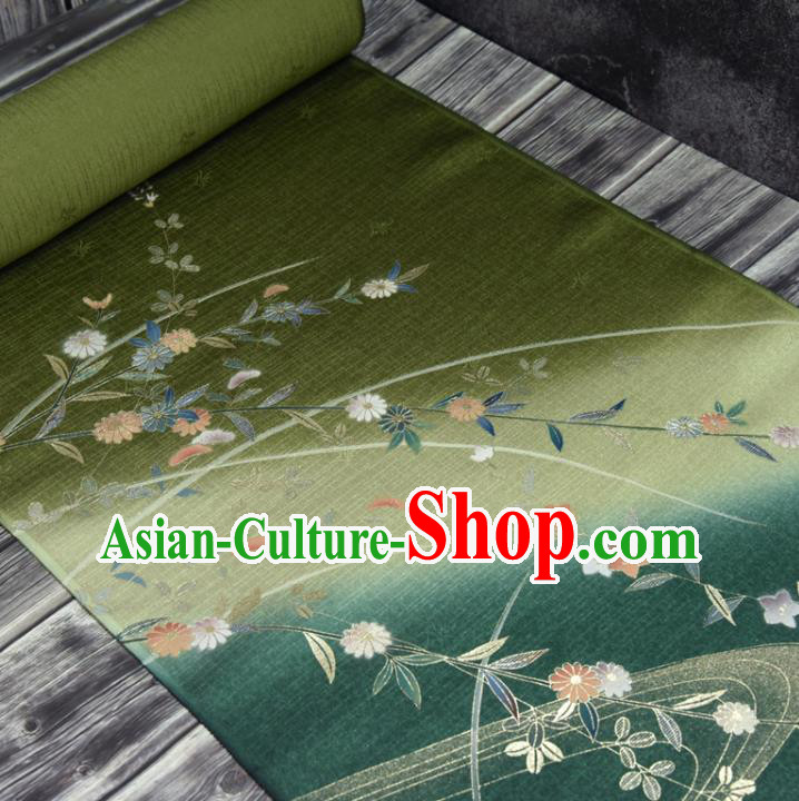Asian Japan Chrysanthemum Orchids Pattern Brocade Tapestry Traditional Japanese Kimono Green Silk Fabric