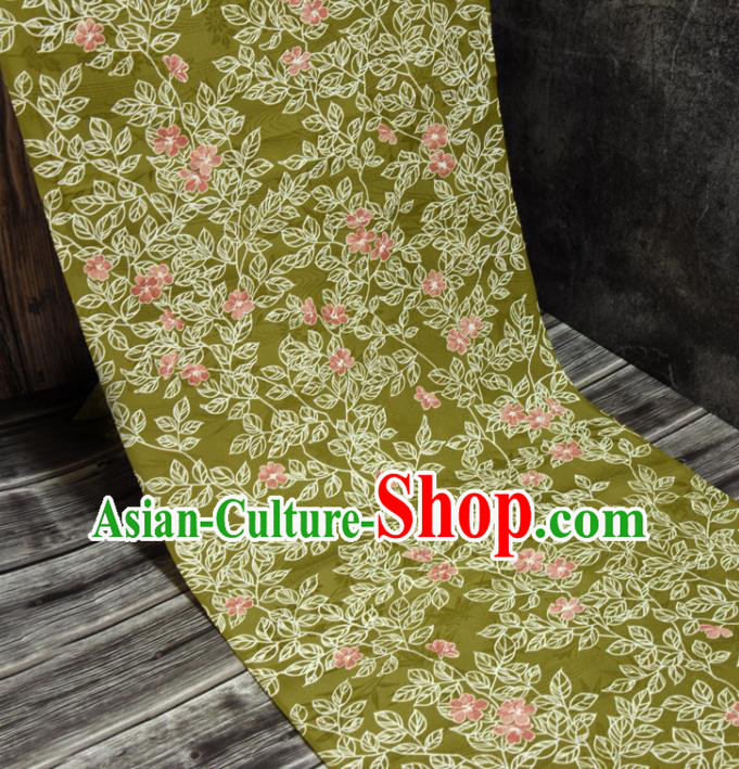 Traditional Japanese Kimono Olive Green Silk Fabric Asian Japan Classical Leaf Pattern Wafuku Brocade Tapestry
