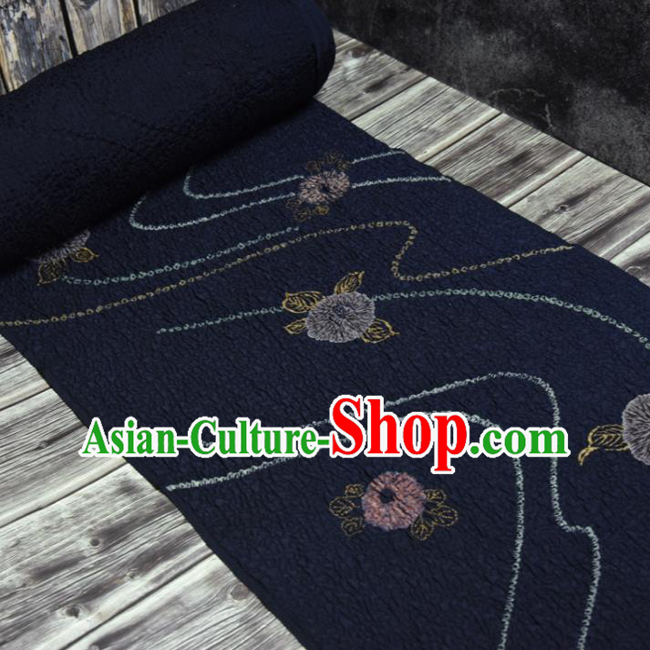 Asian Japan Camellia Pattern Brocade Tapestry Traditional Qipao Dress Navy Silk Fabric