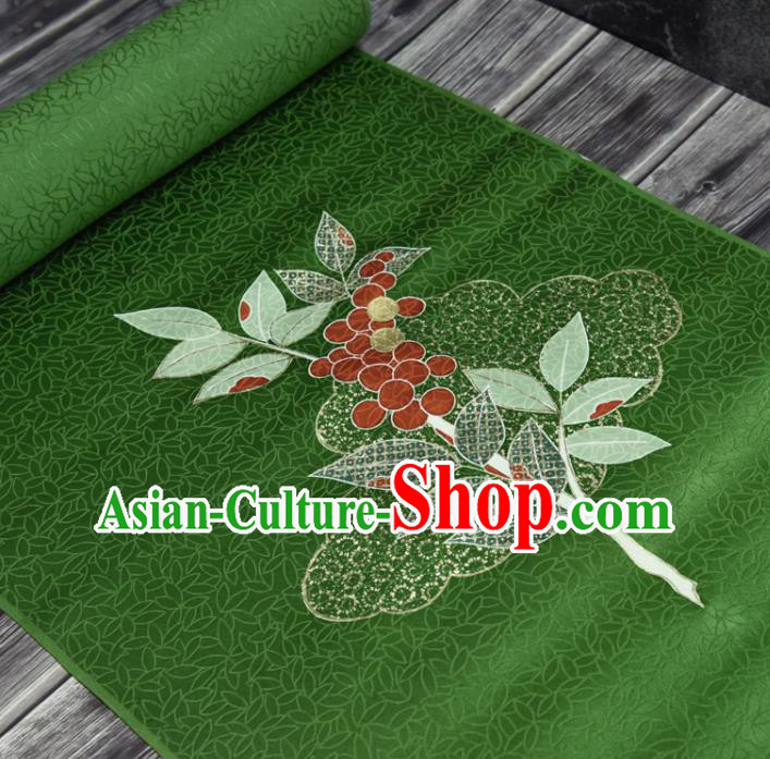 Japanese Kimono Green Silk Fabric Gold Blocking Leaf Pattern Qipao Dress Cloth