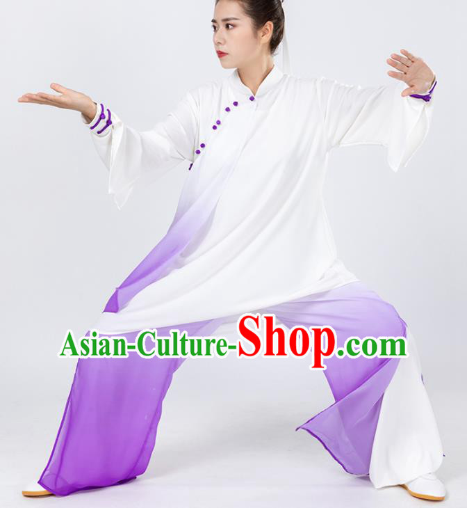 China Traditional Kung Fu Wushu Clothing Woman Tai Chi Competition Purple Chiffon Uniforms