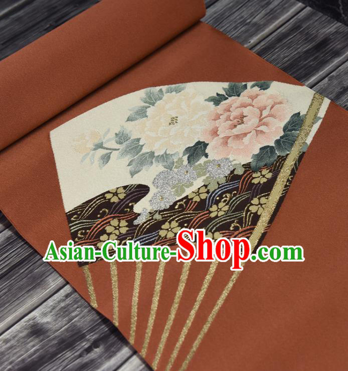 Traditional Japanese Belt Peony Fan Pattern Silk Fabric Asian Japan Kimono Classical Rust Red Brocade Material