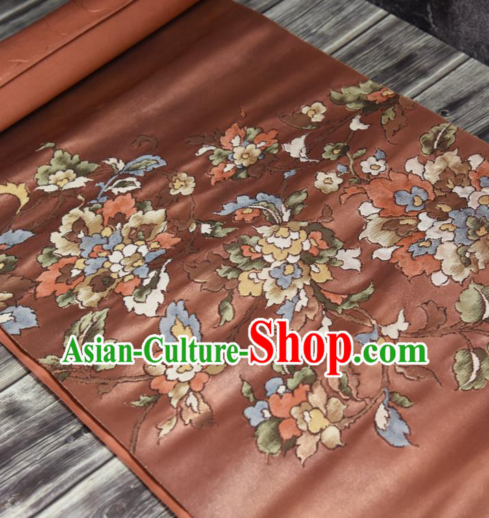 Traditional Japanese Classical Flowers Pattern Silk Fabric Asian Japan Kimono Belt Brownish Red Brocade Material