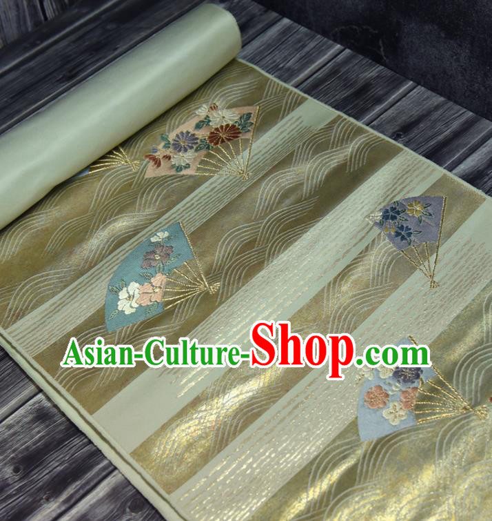 Traditional Japanese Classical Folding Fan Pattern Silk Fabric Asian Japan Kimono Belt Golden Brocade Material