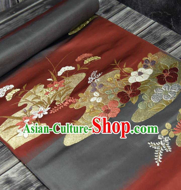 Traditional Japanese Classical Flowers Pattern Silk Fabric Asian Japan Kimono Belt Dark Red Brocade Material