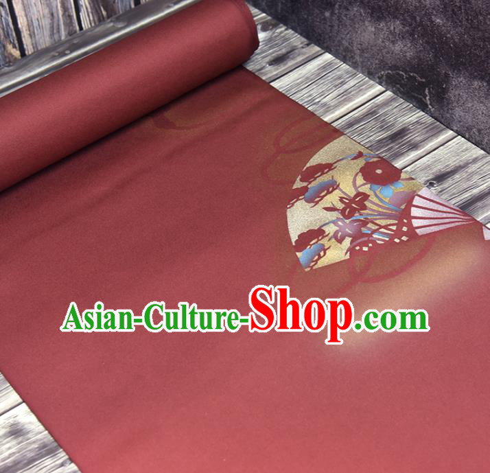 Traditional Japanese Fan Pattern Pure Silk Fabric Asian Japan Kimono Wine Red Brocade Material
