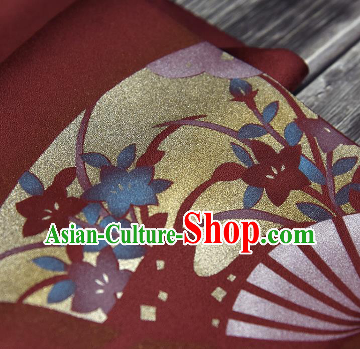 Traditional Japanese Fan Pattern Pure Silk Fabric Asian Japan Kimono Wine Red Brocade Material