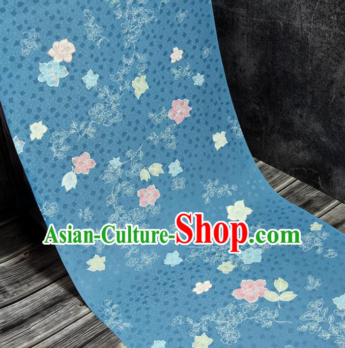 Asian Japan Classical Kimono Blue Brocade Tapestry Traditional Qipao Dress Flowers Pattern Silk Fabric