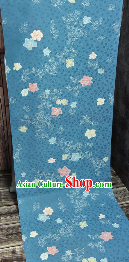 Asian Japan Classical Kimono Blue Brocade Tapestry Traditional Qipao Dress Flowers Pattern Silk Fabric