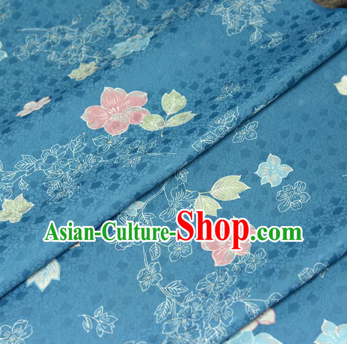 Asian Japan Classical Kimono Blue Brocade Tapestry Traditional Qipao Dress Flowers Pattern Silk Fabric
