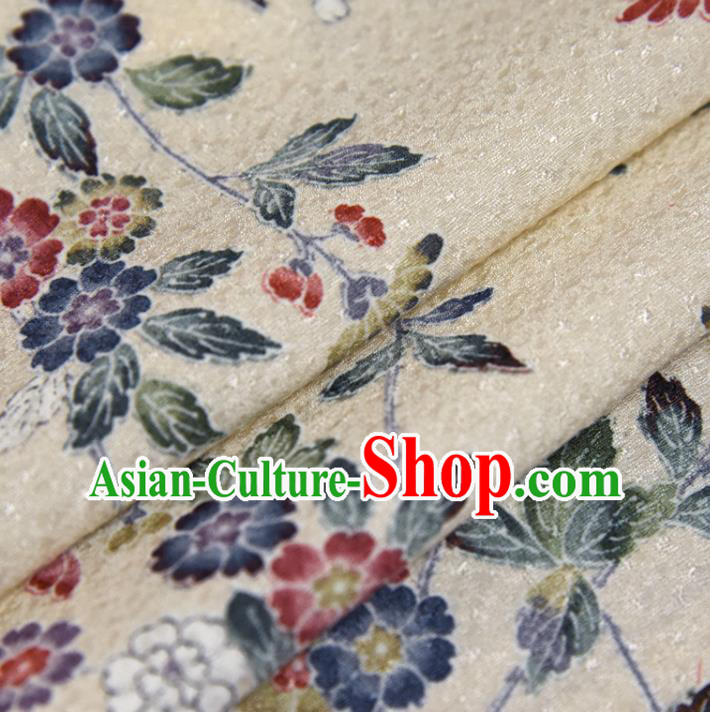 Asian Japan Kimono Beige Brocade Tapestry Traditional Dress Flowers Pattern Silk Fabric
