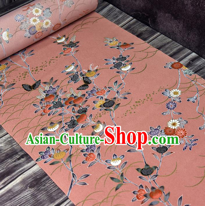 Asian Japan Kimono Classical Persimmon Flowers Pattern Brocade Fabric Traditional Hanfu Dress Pink Silk