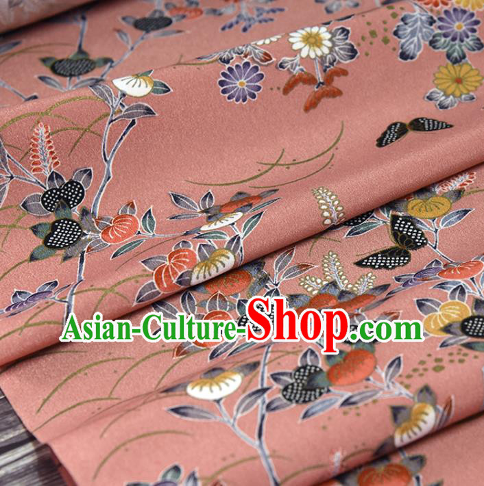 Asian Japan Kimono Classical Persimmon Flowers Pattern Brocade Fabric Traditional Hanfu Dress Pink Silk