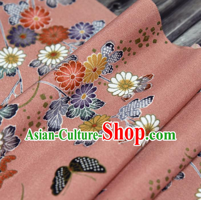 Asian Japan Kimono Classical Persimmon Flowers Pattern Brocade Fabric Traditional Hanfu Dress Pink Silk