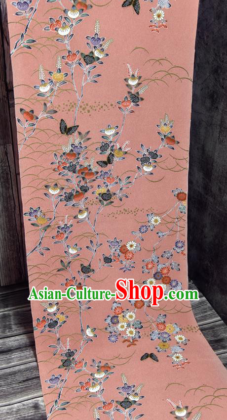 Asian Japan Kimono Classical Persimmon Flowers Pattern Brocade Fabric Traditional Hanfu Dress Pink Silk