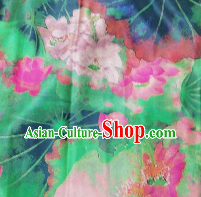 Asian China Lotus Pattern Green Brocade Fabric Traditional Cheongsam Silk Gambiered Guangdong Gauze