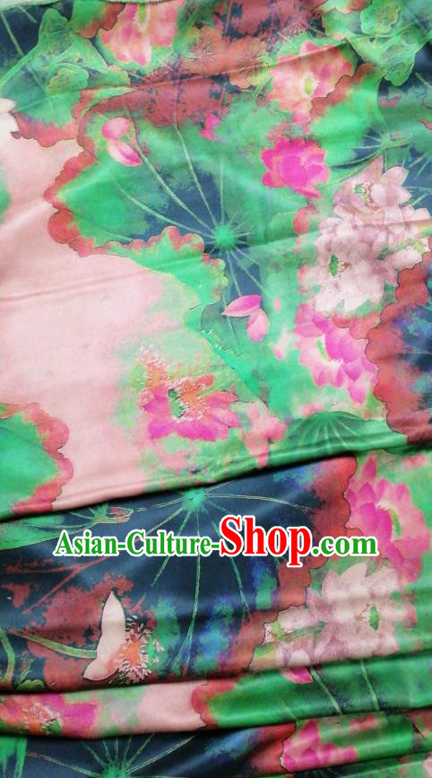 Asian China Lotus Pattern Green Brocade Fabric Traditional Cheongsam Silk Gambiered Guangdong Gauze