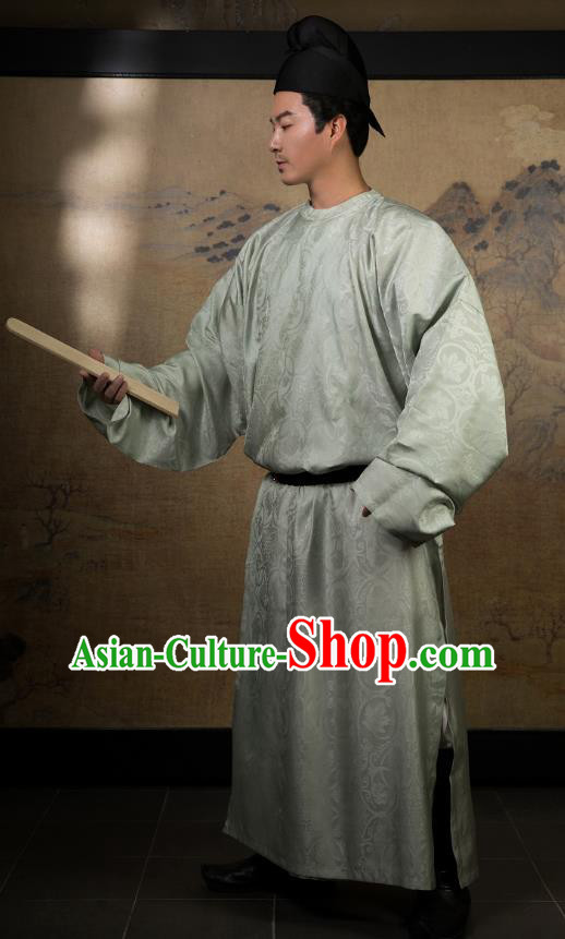 China Ancient Scholar Light Green Silk Robe Traditional Tang Dynasty Nobility Childe Hanfu Clothing for Men