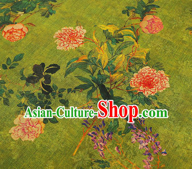 Asian China Classical Peony Pattern Green Silk Fabric Traditional Cheongsam Gambiered Guangdong Gauze Cloth