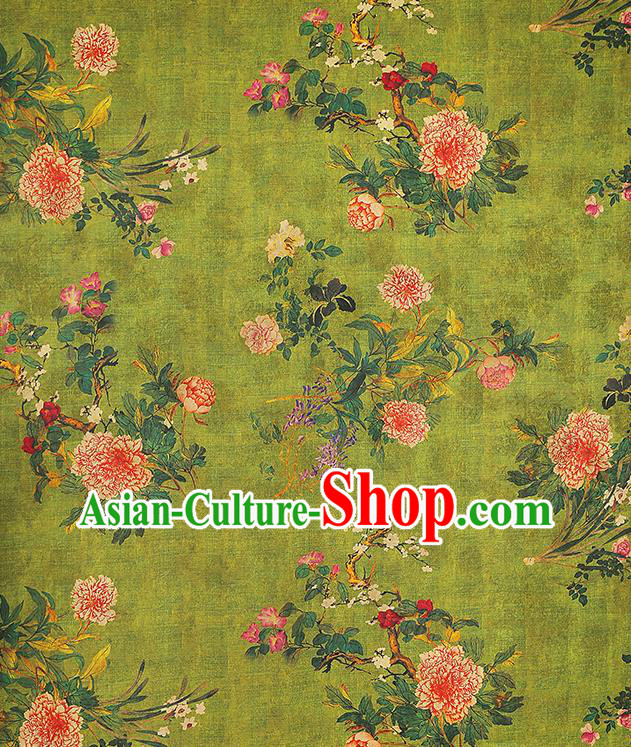 Asian China Classical Peony Pattern Green Silk Fabric Traditional Cheongsam Gambiered Guangdong Gauze Cloth