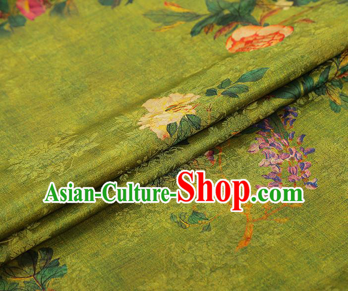 Asian China Classical Peony Pattern Green Silk Fabric Traditional Cheongsam Gambiered Guangdong Gauze Cloth