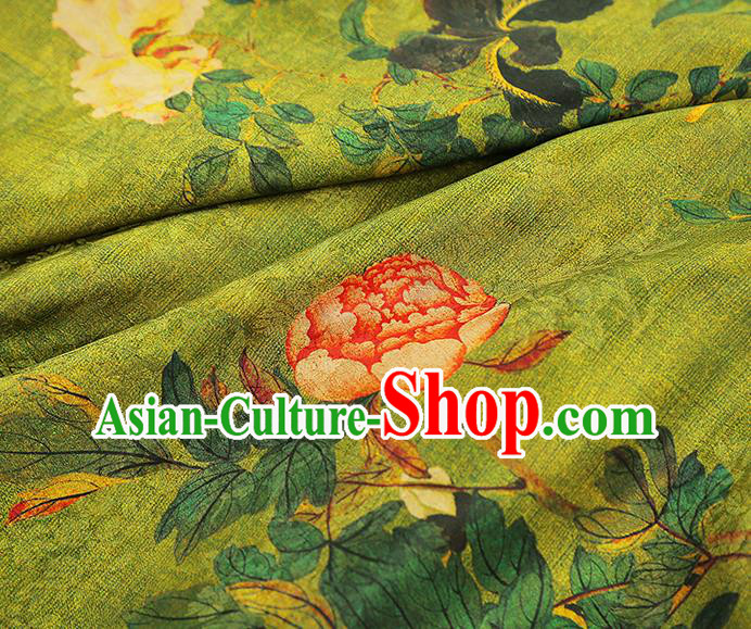 Asian China Classical Peony Pattern Green Silk Fabric Traditional Cheongsam Gambiered Guangdong Gauze Cloth