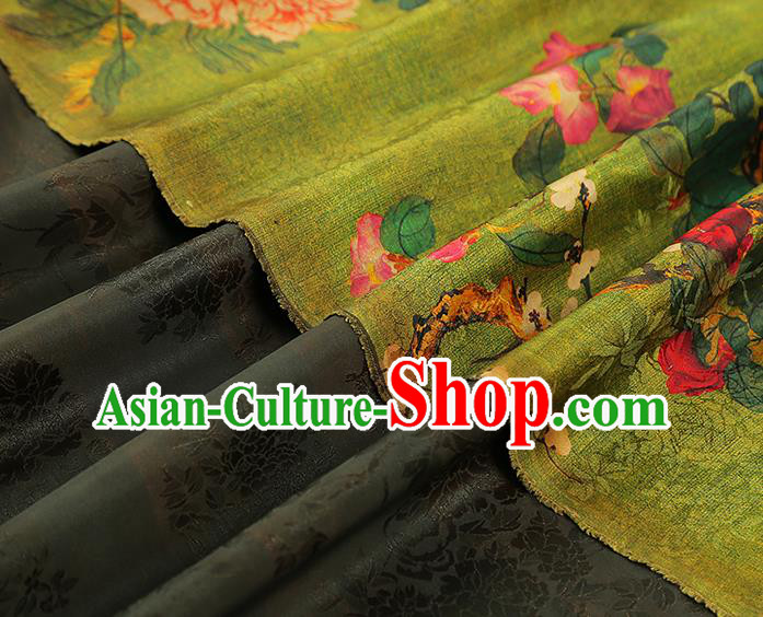 Asian China Classical Peony Pattern Green Silk Fabric Traditional Cheongsam Gambiered Guangdong Gauze Cloth