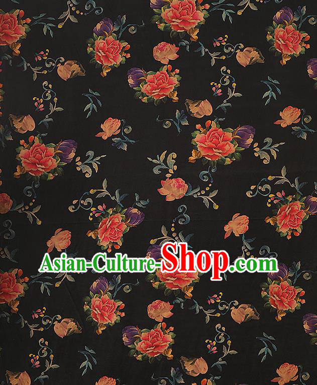 Asian China Classical Peony Pattern Black Silk Fabric Traditional Brocade Cheongsam Gambiered Guangdong Gauze